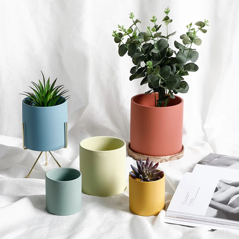 Flower Plant Pot Colorful Ceramic Flowerpot Nordic Style Succulent Planter Cylindrical Flower Pots With Hole Garden Decoration