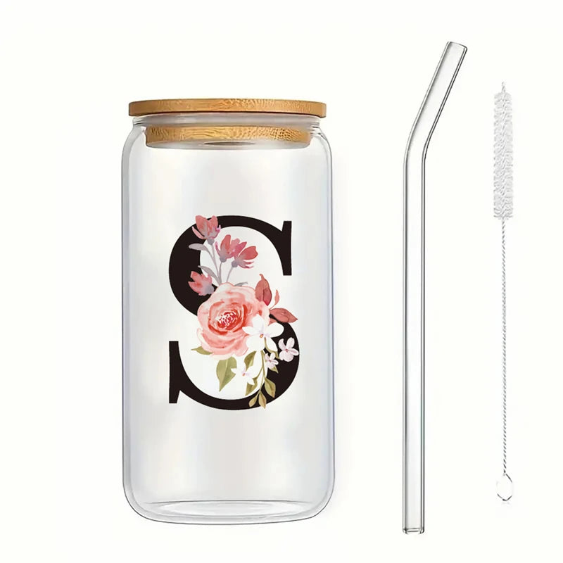 Alphabet Flowers Drinking Glass Letter A-Z Iced Coffee Water Juice Bottle Portable Clear Cup with Lid Straw Brush Birthday Gifts