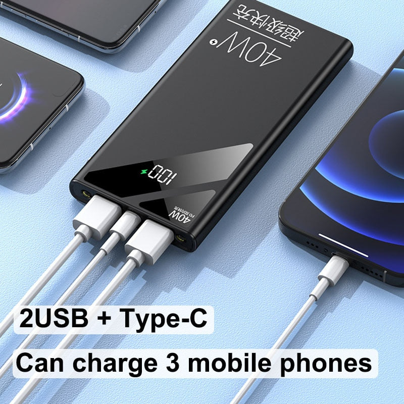 PD40W Two-way Fast Charging Power Bank Portable 20000mAh Charger Digital Display External Battery Pack LED For iPhone Xiaomi