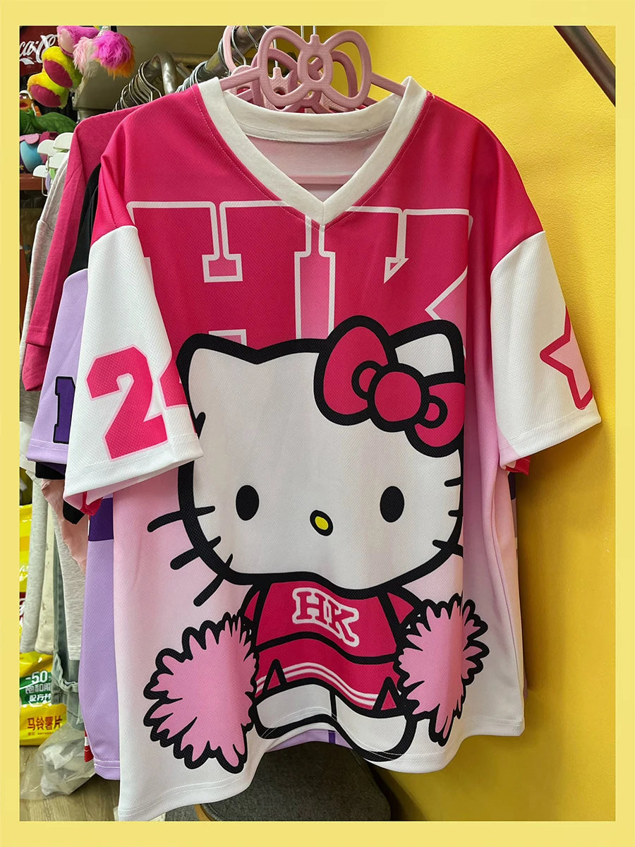 2025 MINISO New Sanrio Hello Kitty Sportswear Men And Women V-Neck Casual Lightweight Breathable Fashion Short Sleeved T-Shirt