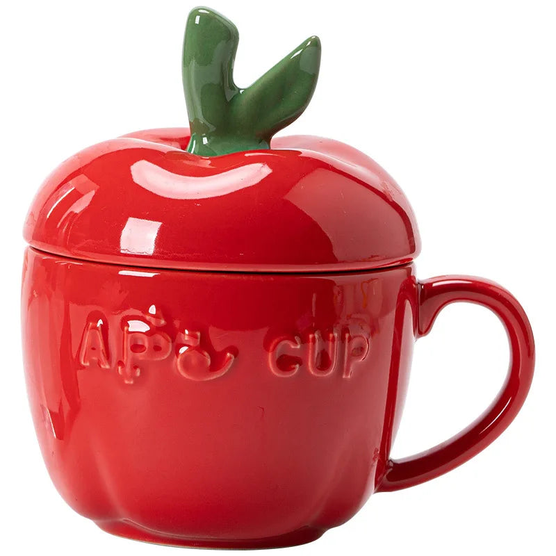 Ceramic Mug Cartoon Apple Fruit Shape Cover Band Tomato Coffee Cup Children's Breakfast Milk Mug Festivals Birthday Present