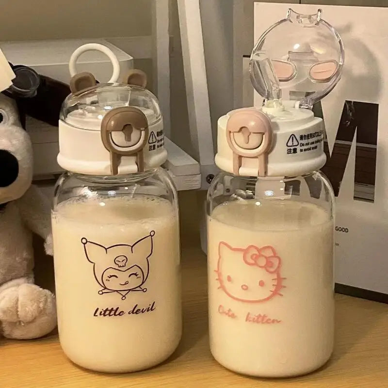 600ML Sanrio Hello Kitty Pochacco Transparent Straw Cup Anime Cartoon Kuromi Cinnamoroll For Kid Kawaii Bottle Water Cup Gifts