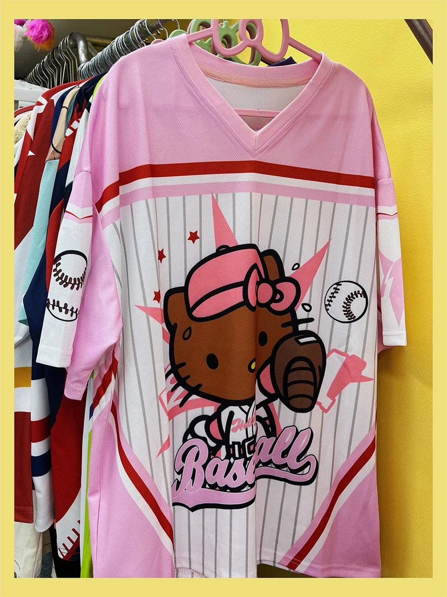 2025 MINISO New Sanrio Hello Kitty Sportswear Men And Women V-Neck Casual Lightweight Breathable Fashion Short Sleeved T-Shirt