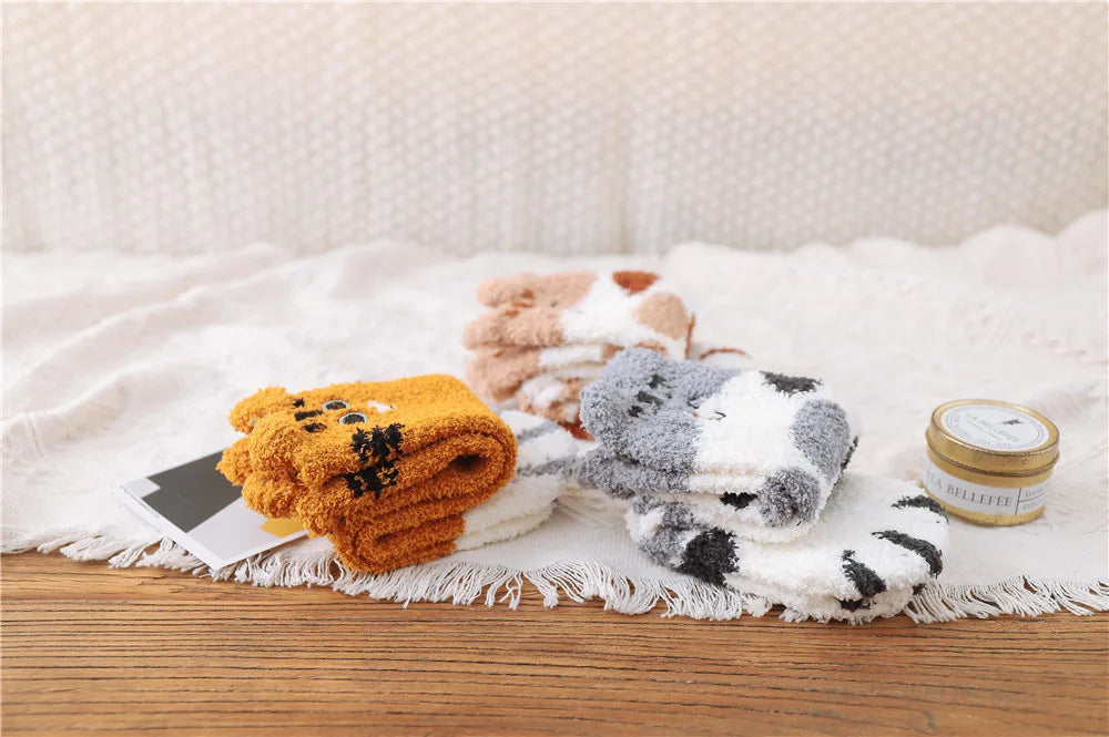5 Pairs New Three-dimensional Ear Embroidery Cat Claw Coral Fleece Socks Cartoon Cat Confinement Warm Women Sleeping Socks