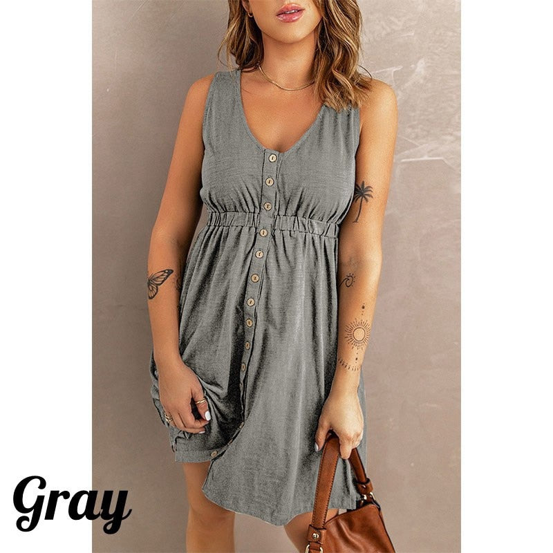 Womens Summer Sleeveless Dress Button Down Elastic Waist Swing Loose Plain Short Dresses Casual Tank Tops Dresses Plus Size