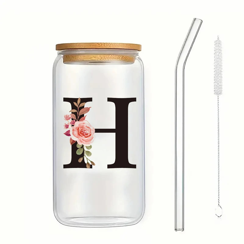 Alphabet Flowers Drinking Glass Letter A-Z Iced Coffee Water Juice Bottle Portable Clear Cup with Lid Straw Brush Birthday Gifts