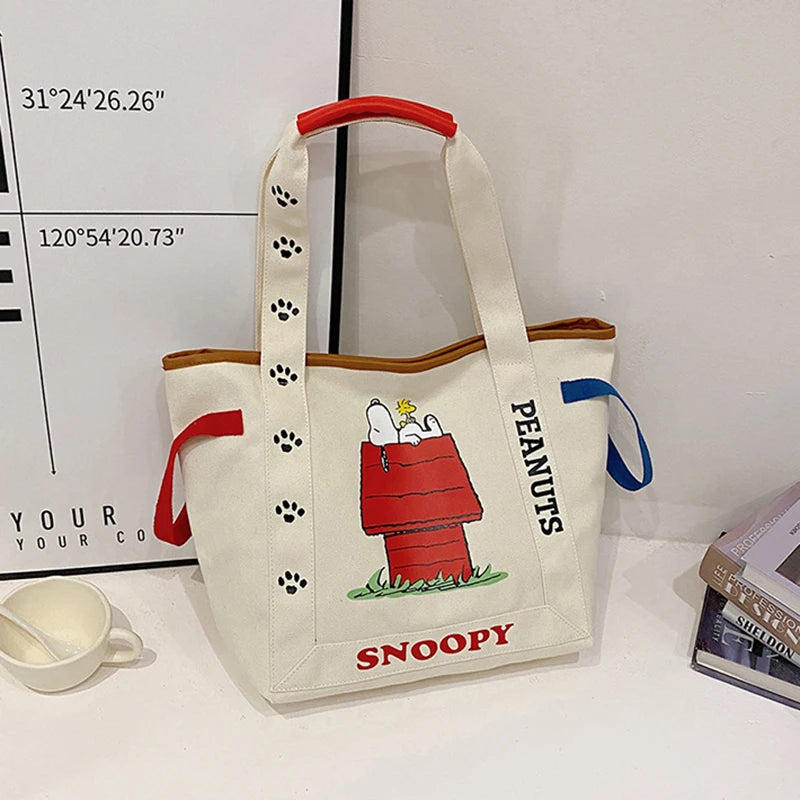 MINISO Disney Cartoon Snoopy Large Capacity Canvas Bag Student Handbag Shoulder Bag Cute Print Tote Bag