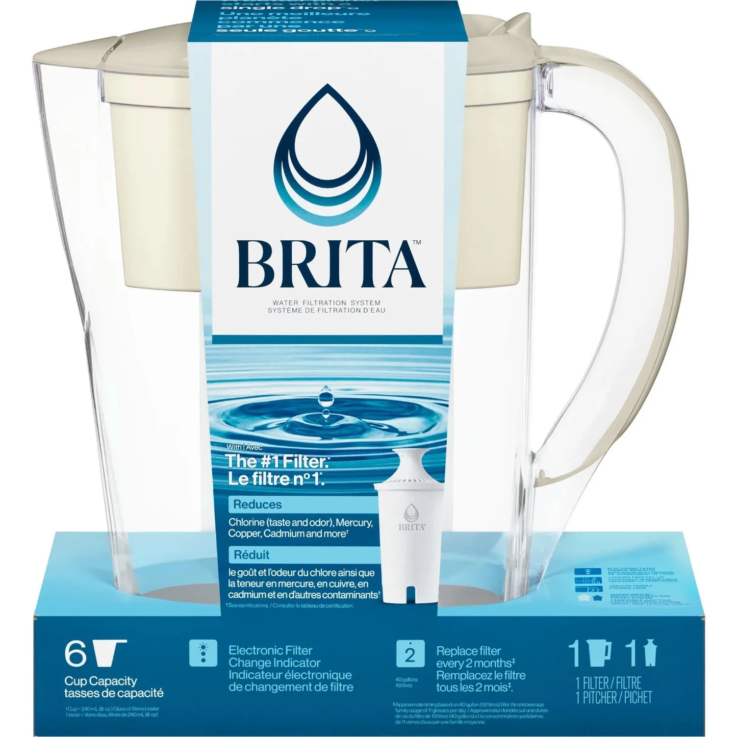 Brita Small Space Saver Plastic 6-Cup Water Filter Pitcher, Almond