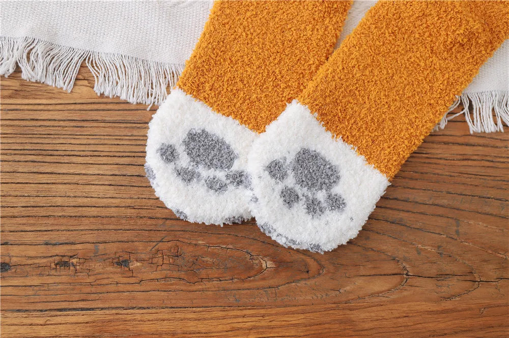 5 Pairs New Three-dimensional Ear Embroidery Cat Claw Coral Fleece Socks Cartoon Cat Confinement Warm Women Sleeping Socks