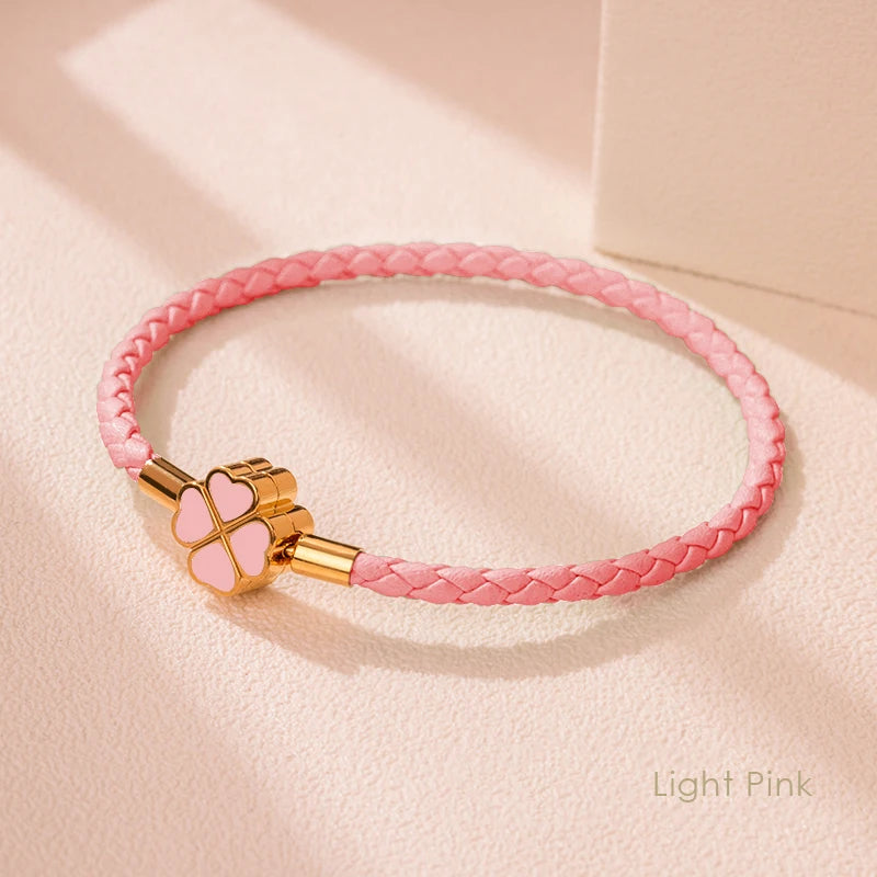 Green Four-Leaf Clover Lucky Bracelet For Women Genuine Braided Leather Bracelet 9 Colors Birthday Party Jewelry ChiristmasGifts