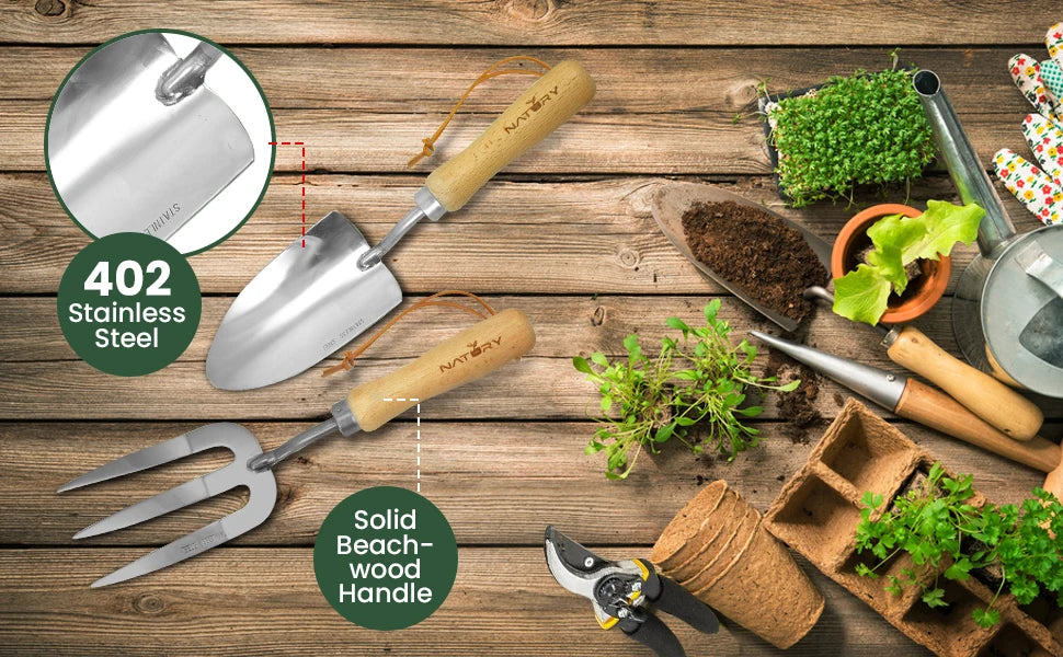 Garden Tools Set – Premium Stainless Steel Gardening Hand Tools with Solid Beechwood Handle – Gardening Kit with Rake, Shovel
