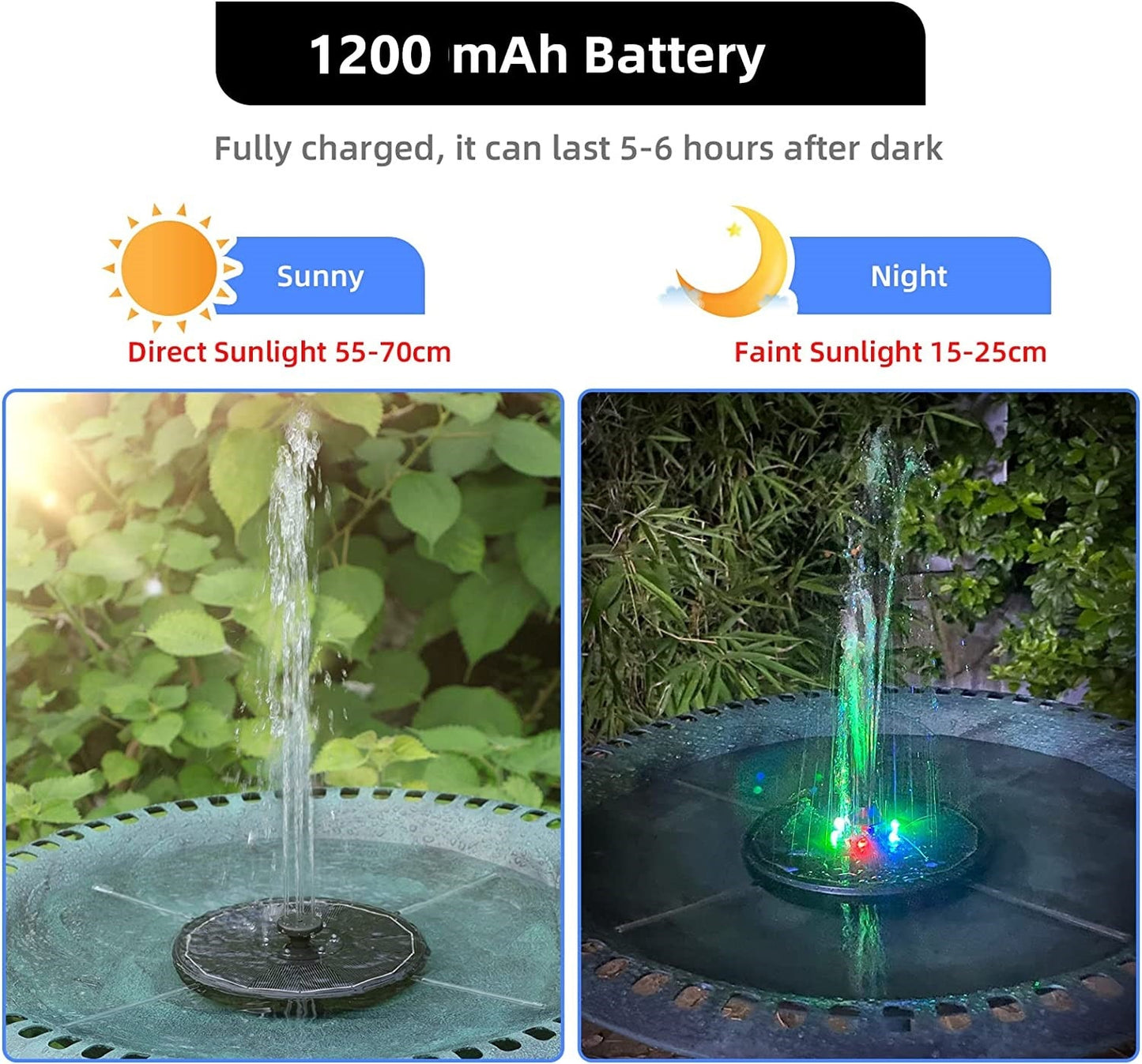 (1 option)Solar Fountain Water Pump with color LED Lights for Bird Bath 3W with 7 Nozzles & 4 Fixers Floating Garden Pond Tank