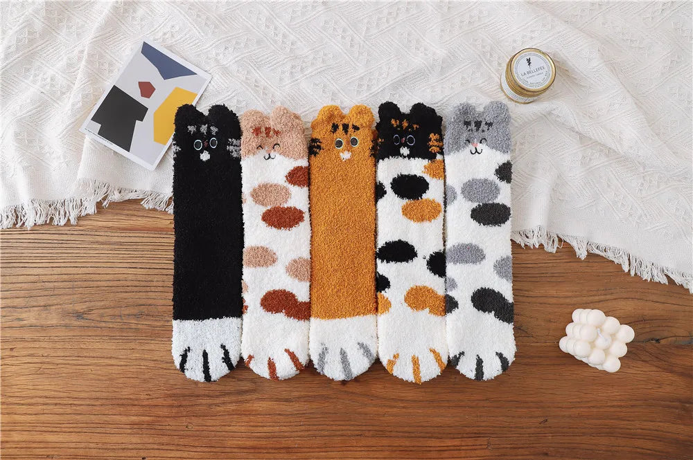 5 Pairs New Three-dimensional Ear Embroidery Cat Claw Coral Fleece Socks Cartoon Cat Confinement Warm Women Sleeping Socks