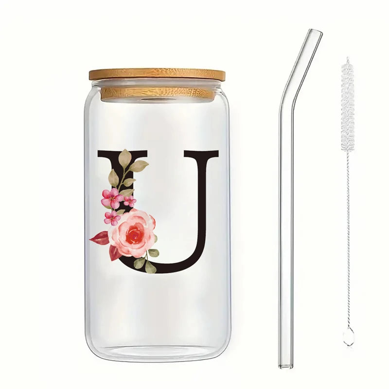 Alphabet Flowers Drinking Glass Letter A-Z Iced Coffee Water Juice Bottle Portable Clear Cup with Lid Straw Brush Birthday Gifts