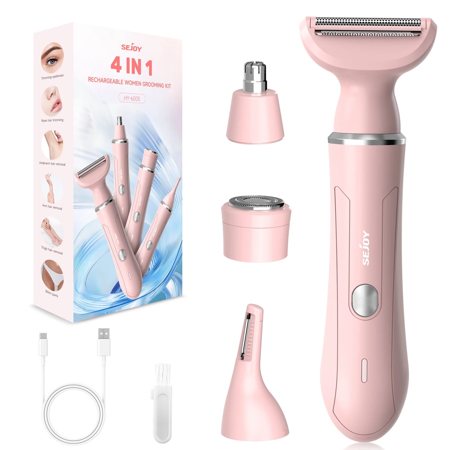 Sejoy 4 In 1 Electric Lady Shaver Portable, Body Hair Removal Epilator, Painless Cordless Trimmer Razor for Women