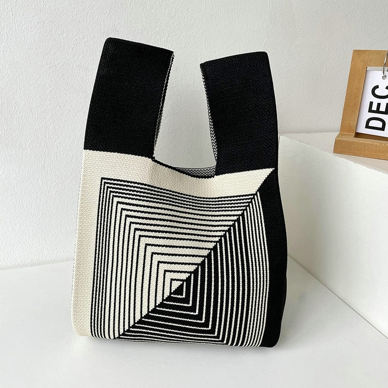 Knit Handbag Women Wrist Bag Korean Casual Wide Stripe Plaid Tote Bag Foldable Eco Shopping Bag Reusable Grocery Storage Bag