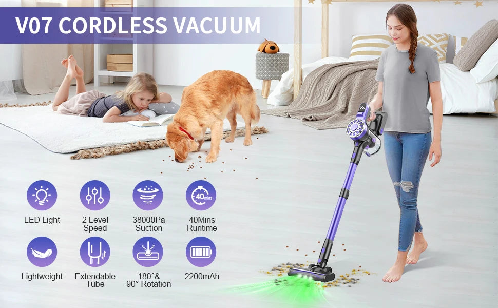 Cordless Vacuum Cleaner, Cordless Stick Vacuum Cleaner 38000PA Powerful Suction, Recahrge Battery, 6 in 1 Lightweight andQuiet