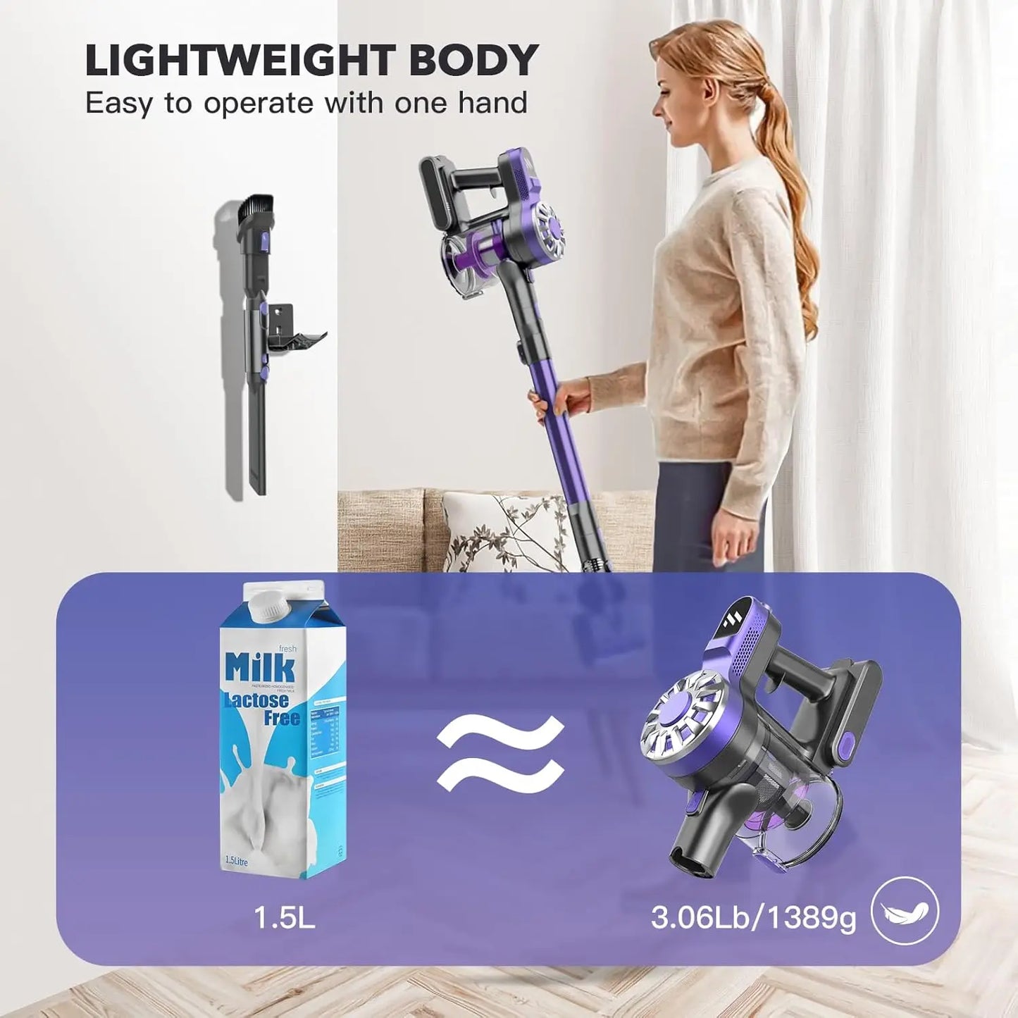 Cordless Vacuum Cleaner, Cordless Stick Vacuum Cleaner 38000PA Powerful Suction, Recahrge Battery, 6 in 1 Lightweight andQuiet