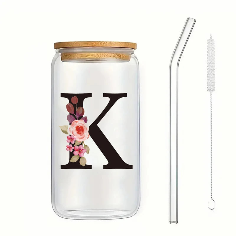 Alphabet Flowers Drinking Glass Letter A-Z Iced Coffee Water Juice Bottle Portable Clear Cup with Lid Straw Brush Birthday Gifts