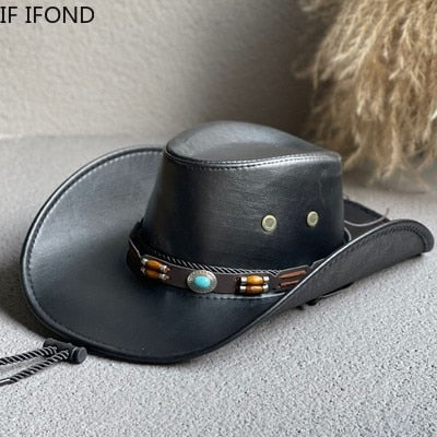 New Faux Leather Western Cowboy Hats For Women Men Vintage Gentleman Dress Hats Panama Cowgirl Jazz Cap Sombrero Hombre