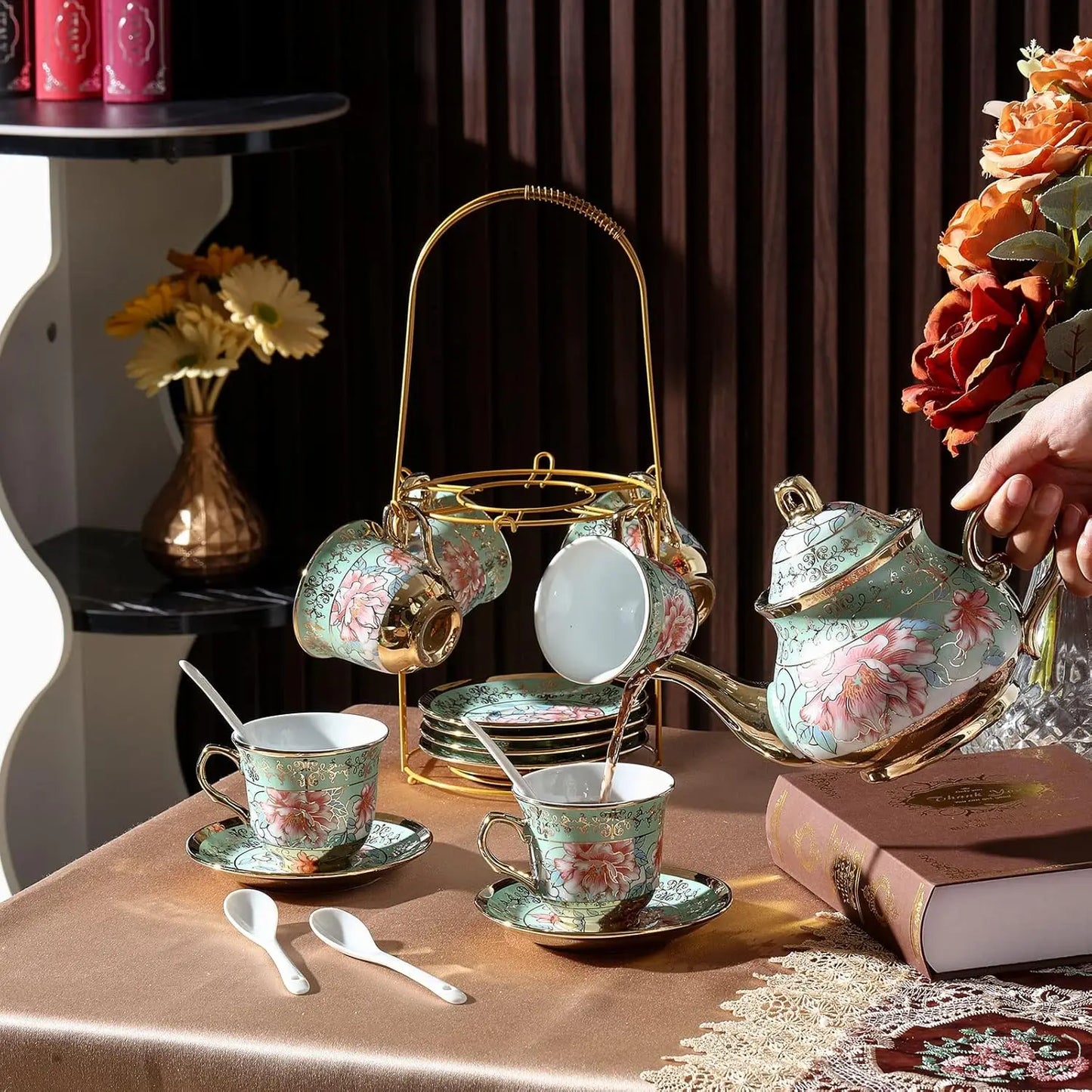 20 Pcs Porcelain Tea Set with Metal Holder Adult Ceramic Tea Party Set European Flower Tea Cup Saucer Set for Adult Women