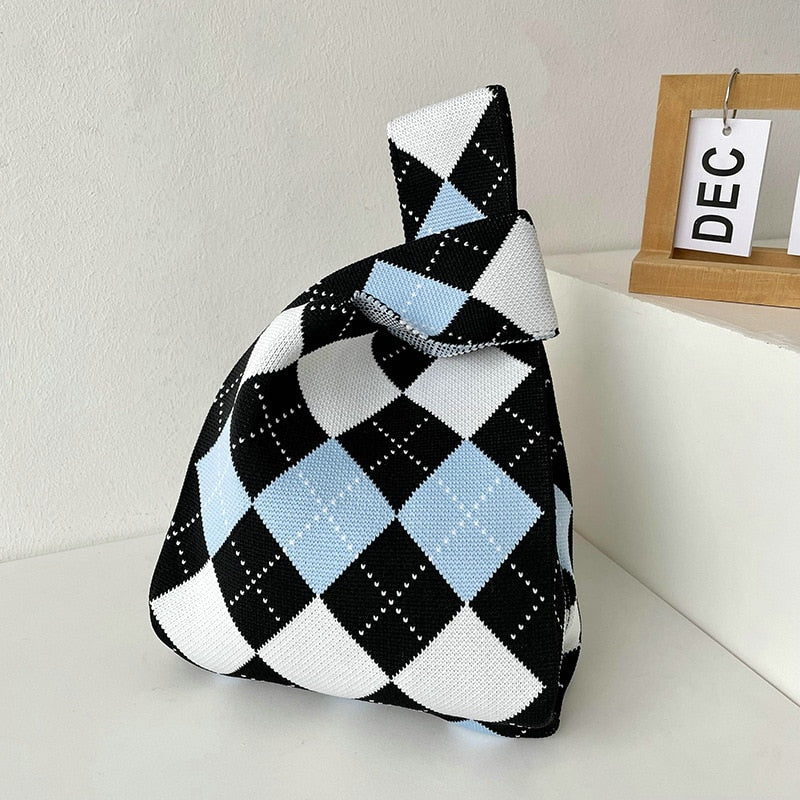 Knit Handbag Women Wrist Bag Korean Casual Wide Stripe Plaid Tote Bag Foldable Eco Shopping Bag Reusable Grocery Storage Bag