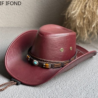 New Faux Leather Western Cowboy Hats For Women Men Vintage Gentleman Dress Hats Panama Cowgirl Jazz Cap Sombrero Hombre