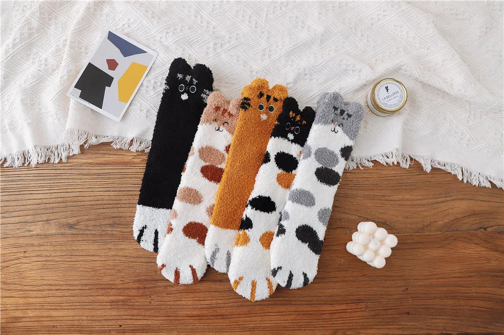 5 Pairs New Three-dimensional Ear Embroidery Cat Claw Coral Fleece Socks Cartoon Cat Confinement Warm Women Sleeping Socks