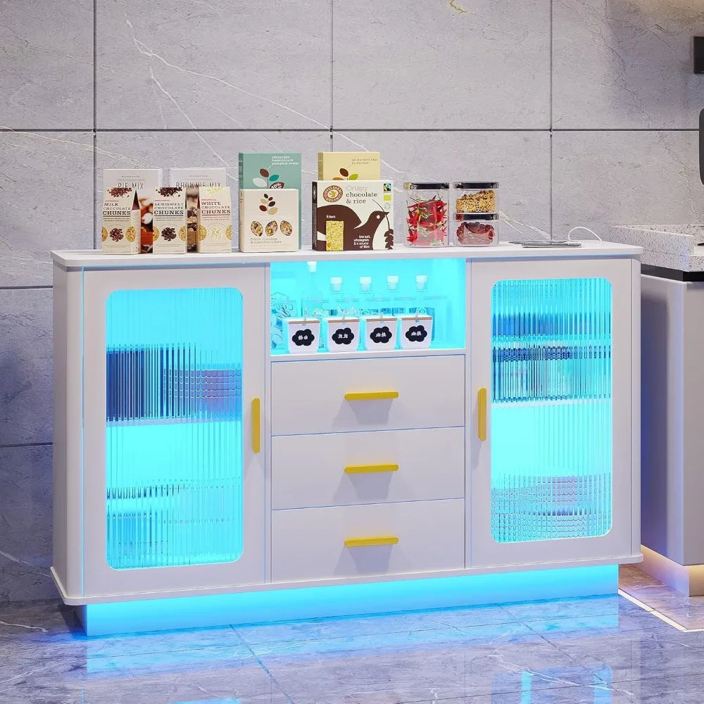 Modern Coffee Station with Motion Sensor, Home Coffee Nook Table for Dining Room, Kitchen Buffer Sideboard with Storage Cabinet