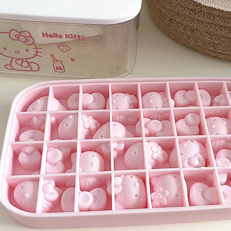 Kawaii Pink 3D Hello Kitty Silicone Press Ice Tray Mold Cute Charm Home Refrigerator Ice Storage Box Birthday Gift