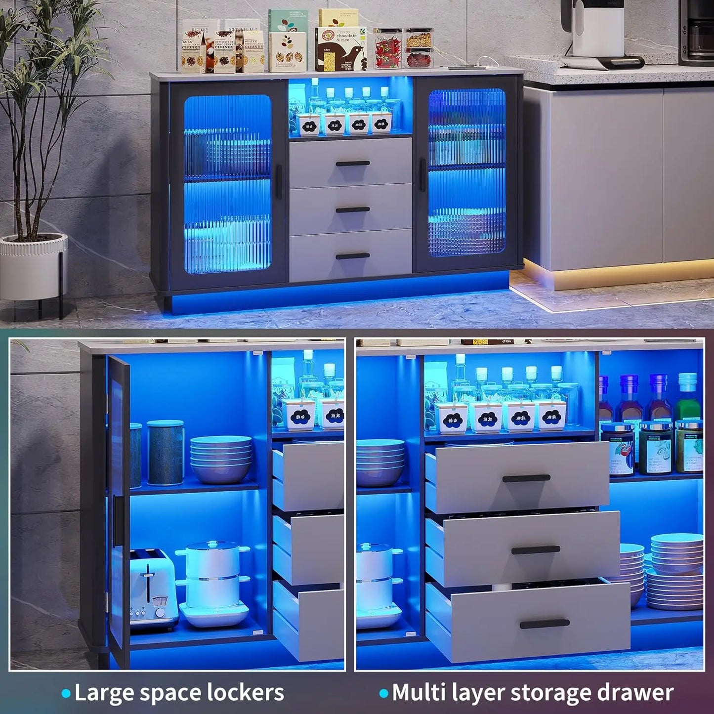 Modern Coffee Station with Motion Sensor, Home Coffee Nook Table for Dining Room, Kitchen Buffer Sideboard with Storage Cabinet