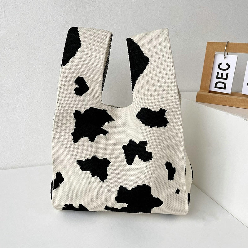 Knit Handbag Women Wrist Bag Korean Casual Wide Stripe Plaid Tote Bag Foldable Eco Shopping Bag Reusable Grocery Storage Bag