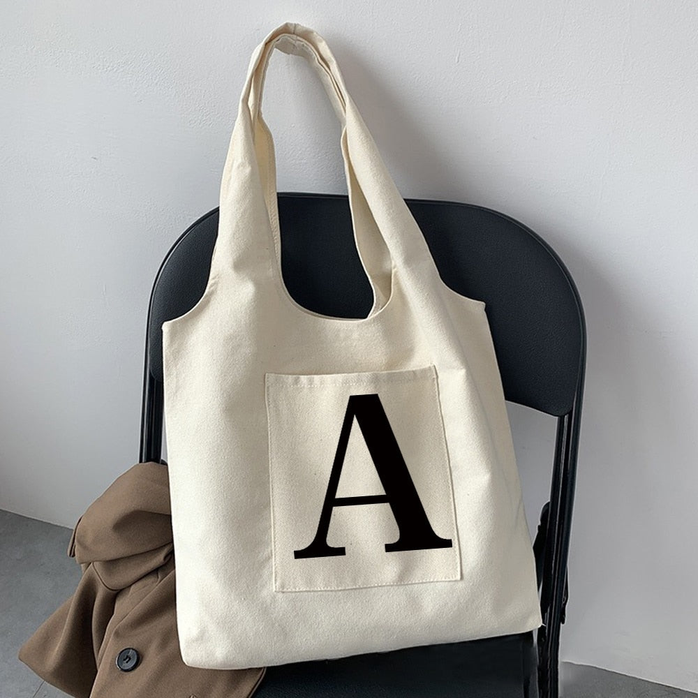 Women Fashion Shopping Bag Street Casual Hobo Commuter Bag Initial Name Graphic Print Beige Ladies Tote Bag Canvas Repeatable