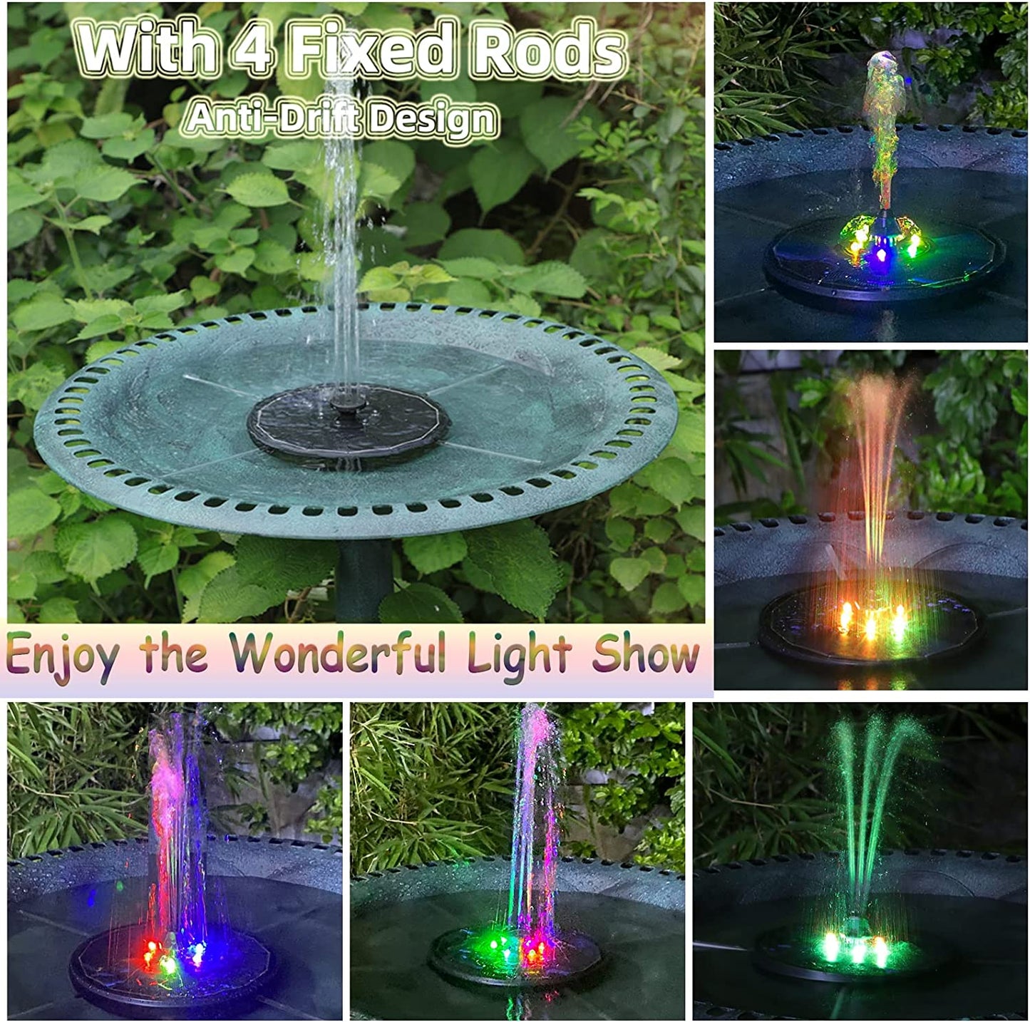 (1 option)Solar Fountain Water Pump with color LED Lights for Bird Bath 3W with 7 Nozzles & 4 Fixers Floating Garden Pond Tank