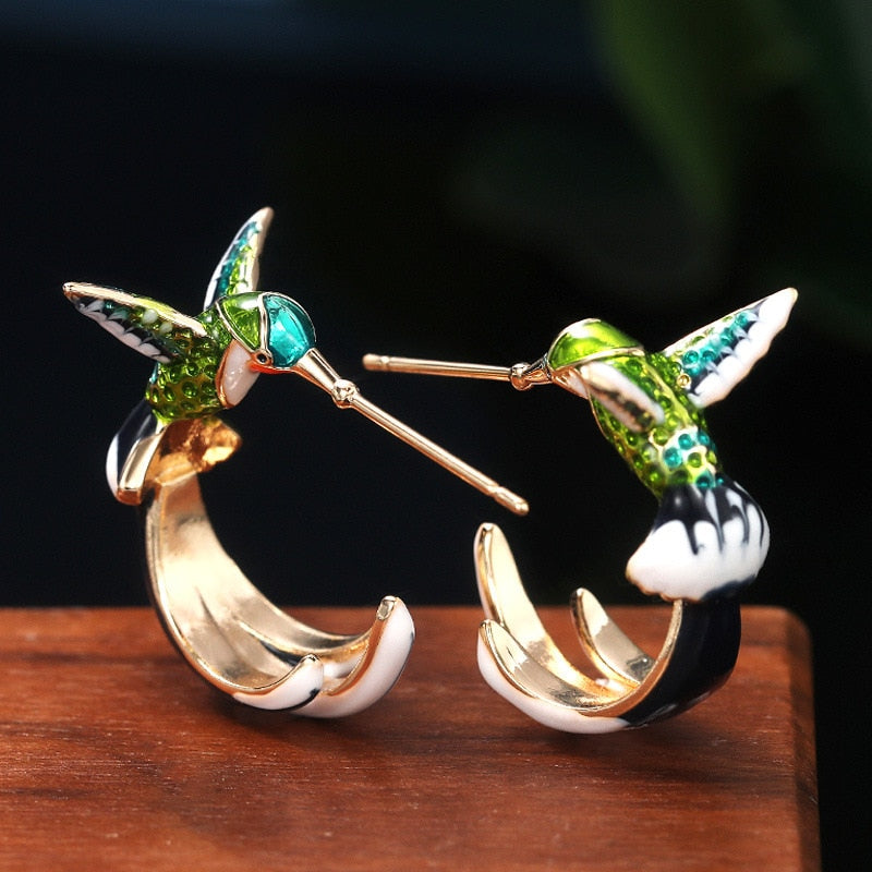 Cute Hummingbird Shape Oil Drop Earrings New Fashion Temperament Silver Needle Earrings Niche Design Green Purple Jewelry