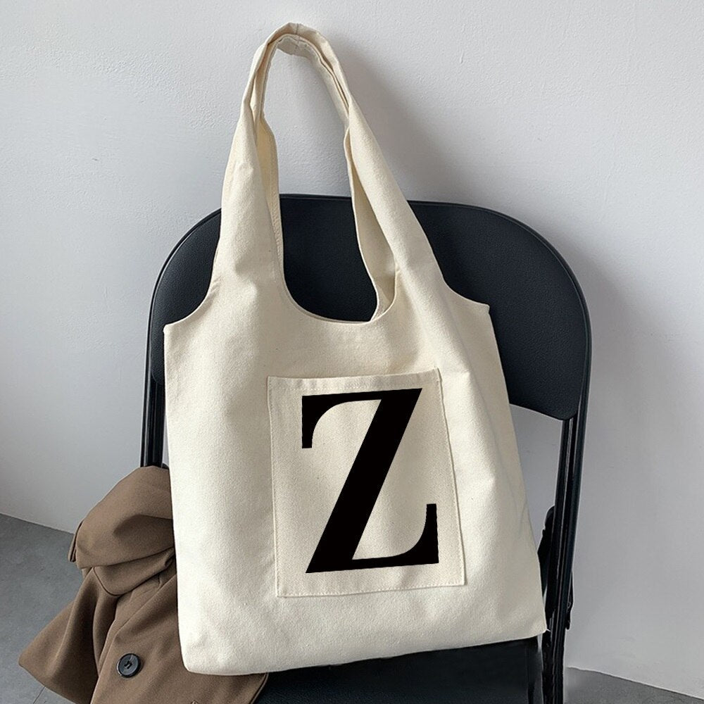 Women Fashion Shopping Bag Street Casual Hobo Commuter Bag Initial Name Graphic Print Beige Ladies Tote Bag Canvas Repeatable