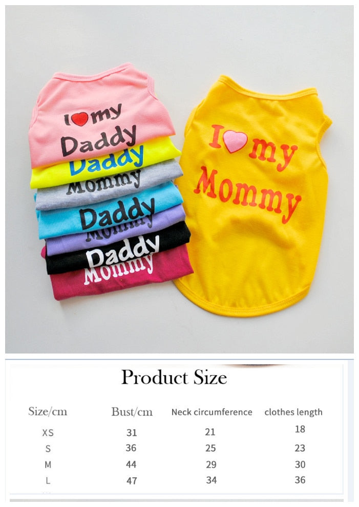 Cute Cotton Pet Clothes For Bichon Teddy Chiuaua Pink Black Bue Classic Love Mommy Daddy Pattern Dogs Vest T-Shirt Product