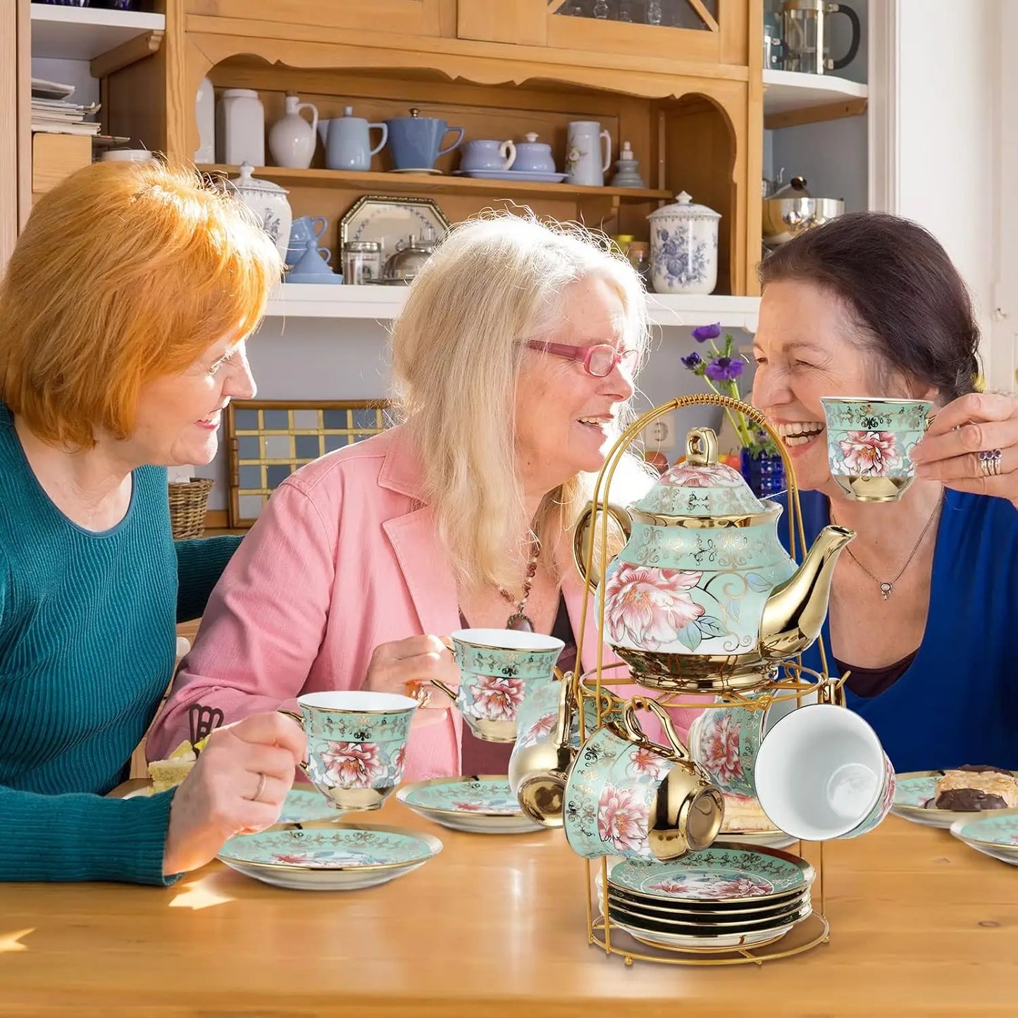 20 Pcs Porcelain Tea Set with Metal Holder Adult Ceramic Tea Party Set European Flower Tea Cup Saucer Set for Adult Women