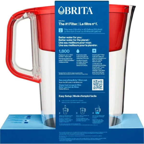 Brita Large 10 Cup Red Huron Water Filter Pitcher with 1 Standard Filter, Made Without BPA