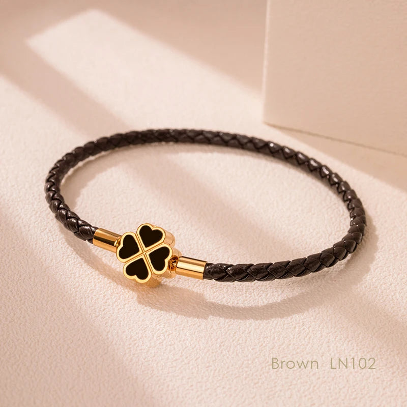 Green Four-Leaf Clover Lucky Bracelet For Women Genuine Braided Leather Bracelet 9 Colors Birthday Party Jewelry ChiristmasGifts