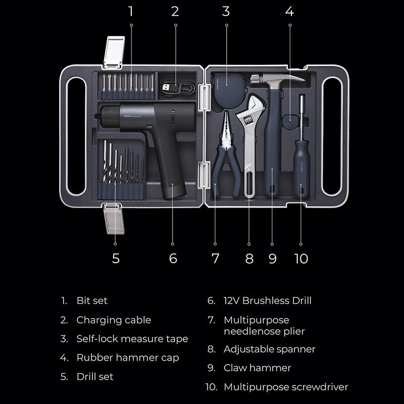 HOTO 12V Electric Drill Toolbox Mixed Repair Tool Set Power Hand Tool Kit For Home Installation Tool Needlenose Plier Hamer