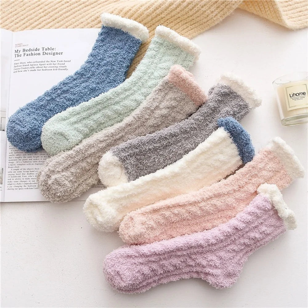 5 Pairs New Three-dimensional Ear Embroidery Cat Claw Coral Fleece Socks Cartoon Cat Confinement Warm Women Sleeping Socks
