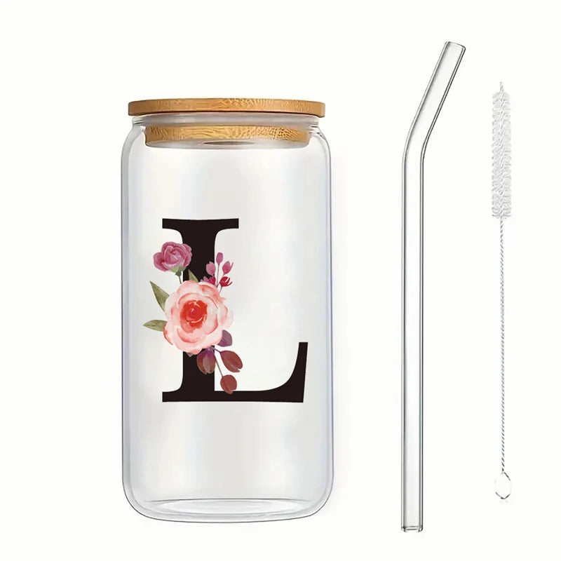Alphabet Flowers Drinking Glass Letter A-Z Iced Coffee Water Juice Bottle Portable Clear Cup with Lid Straw Brush Birthday Gifts