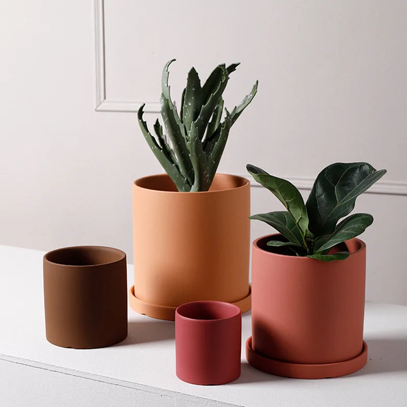 Flower Plant Pot Colorful Ceramic Flowerpot Nordic Style Succulent Planter Cylindrical Flower Pots With Hole Garden Decoration