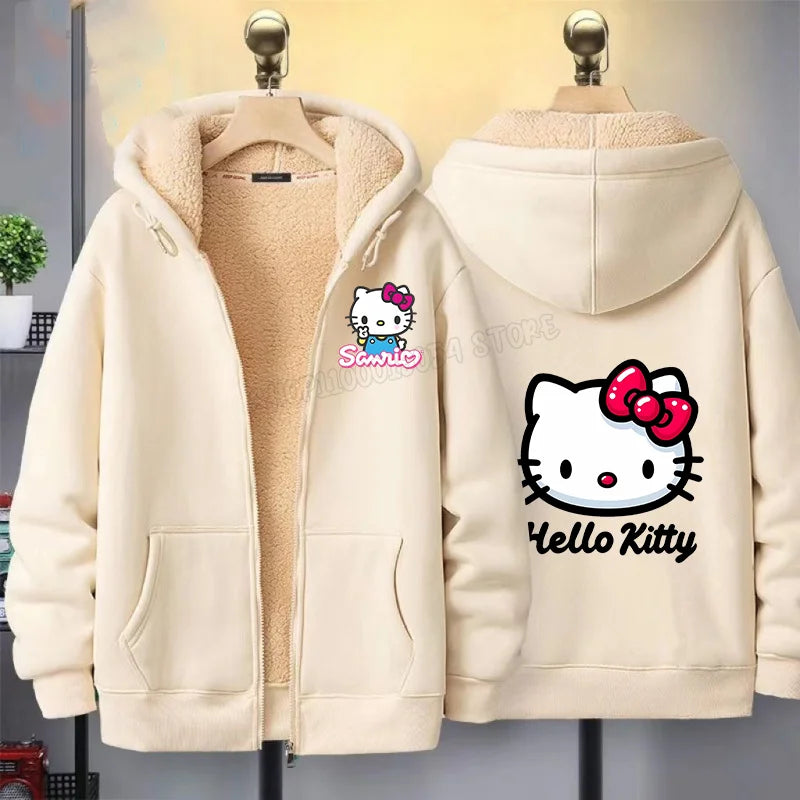 Hello Kitty Women Zip Up Hoodies Winter Fleece Hooded Sweatshirt Cute Cartoon Pullover Female Outerwear Sport Coat Streetwear
