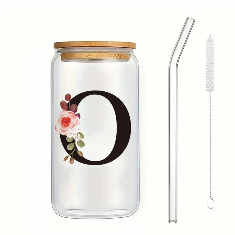 Alphabet Flowers Drinking Glass Letter A-Z Iced Coffee Water Juice Bottle Portable Clear Cup with Lid Straw Brush Birthday Gifts