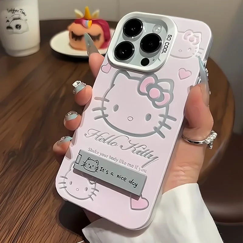 Luxury Pink Hello Kitty With Bracket Phone Case For iPhone 16 15 14 13 12 11 ProMax XR XS 7 8 Plus Soft Anti Drop Silicone Cover