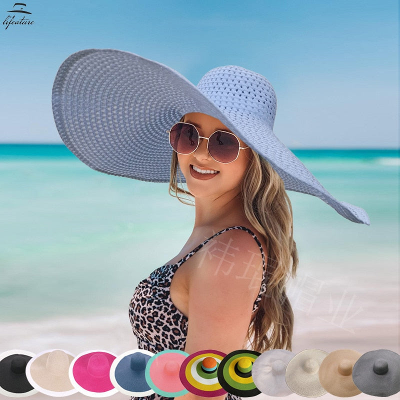 70cm Oversized Wide Brim Sun Hat Travel Large UV Protection Beach Straw Hats Women's Summer Floppy Foldable Chapeaux Wholesale