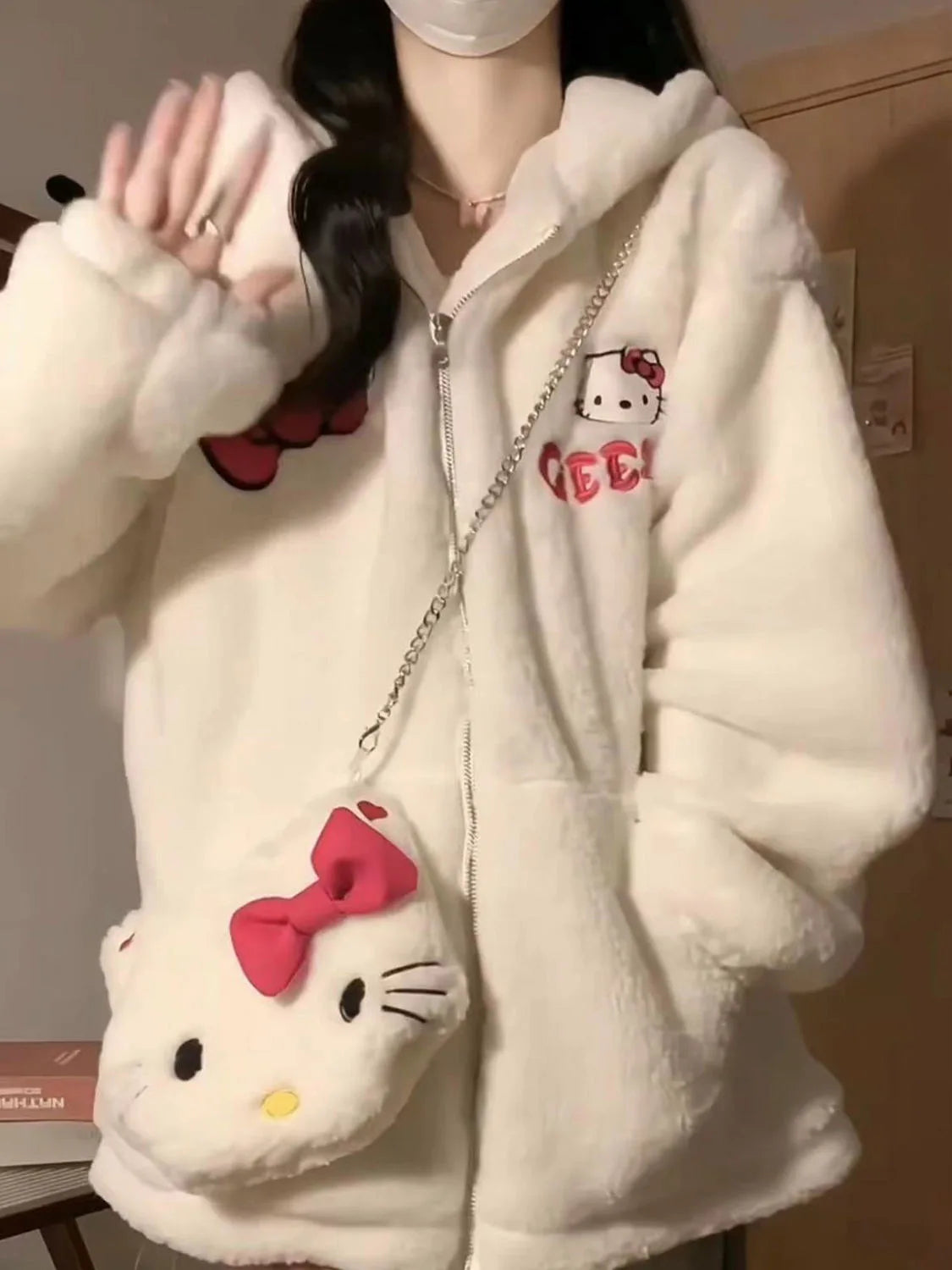 Hot Kawaii Sanrios Hellokitty Hooded Sweatshirt Girls Autumn Winter Cute Loose Cardigan Thickened Couple Casual Versatile Jacket