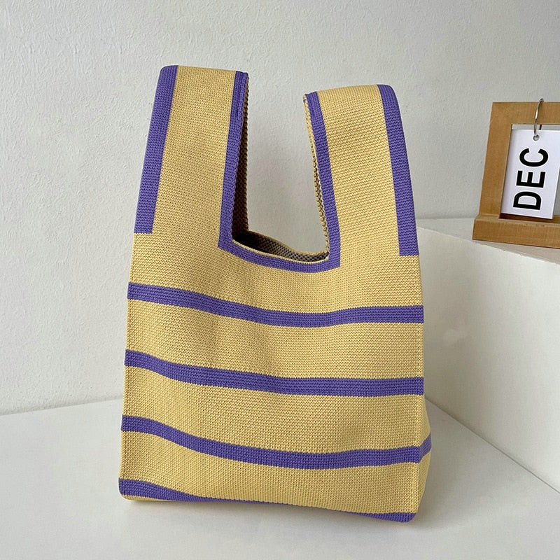 Knit Handbag Women Wrist Bag Korean Casual Wide Stripe Plaid Tote Bag Foldable Eco Shopping Bag Reusable Grocery Storage Bag